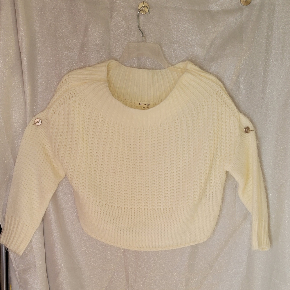 Miracle Crop Sweaters for Women Trendy Crew Neck Long Sleeve Fall Size:M/L Ivory